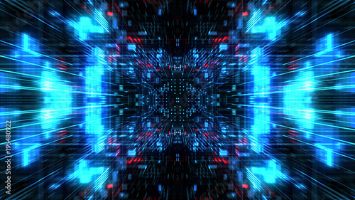 Abstract futuristic sci fi warp tunnel with particle grid. Graphic for data center  server  internet  speed. Futuristic big data visualisation  hi tech background. 3D rendering.