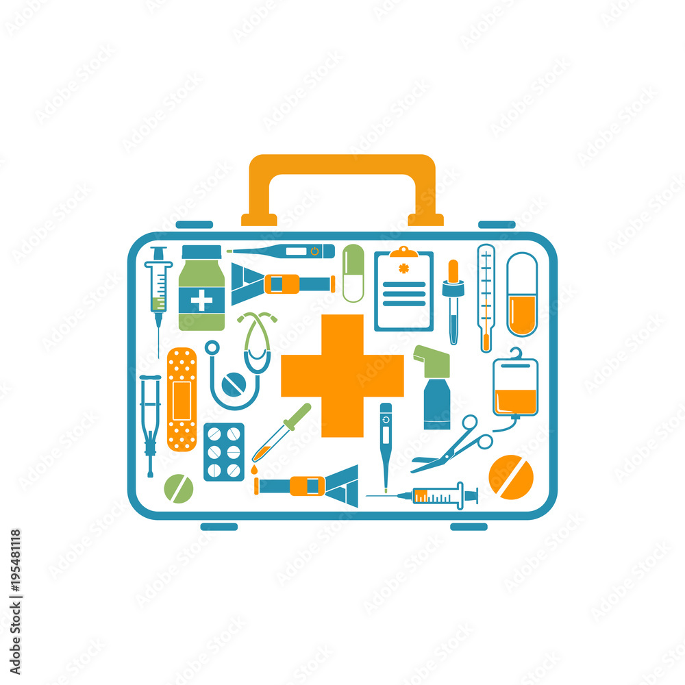 First aid kit box concept medical equipment and medications. Logo healthcare.
Illustration
