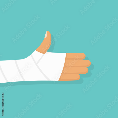 Bandage on hand human. Broken, cut, damaged arm. Gypsum plaster bandaged hand. Medical illustration flat design. Isolated on background. Injured part of body. Medicine and healthcare.