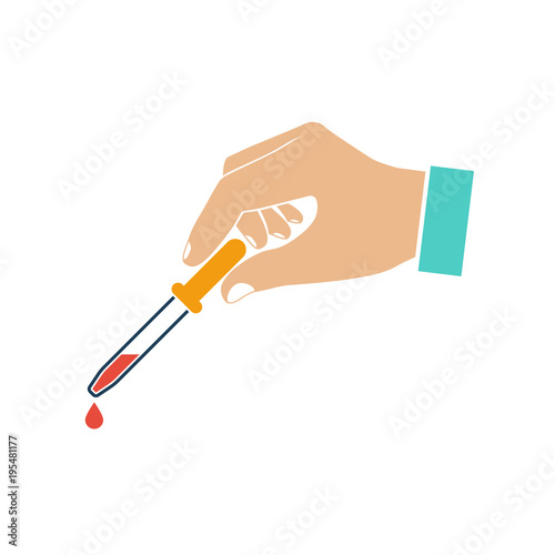 Pipette in hand doctor, icon. Flat design illustration. Hand holding a pipette with a falling drop of liquid.
