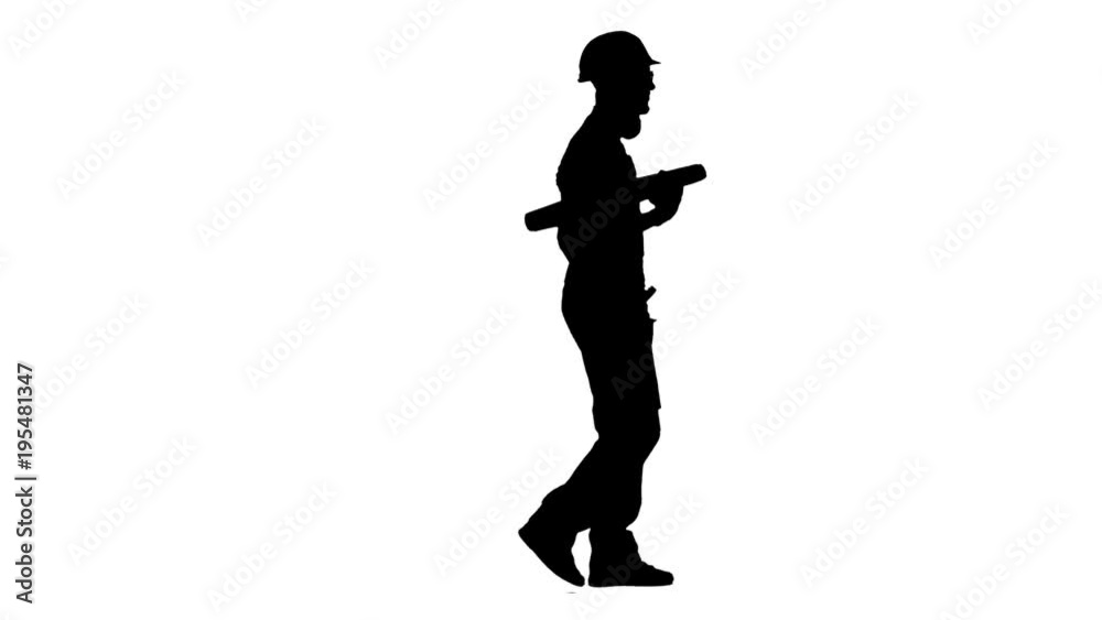 Engineer goes to the meeting and carries a drawing of the building. White background. Silhouette. Side view Engineer goes to the meeting and carries a drawing of the building. White background. Silhouette. Side view