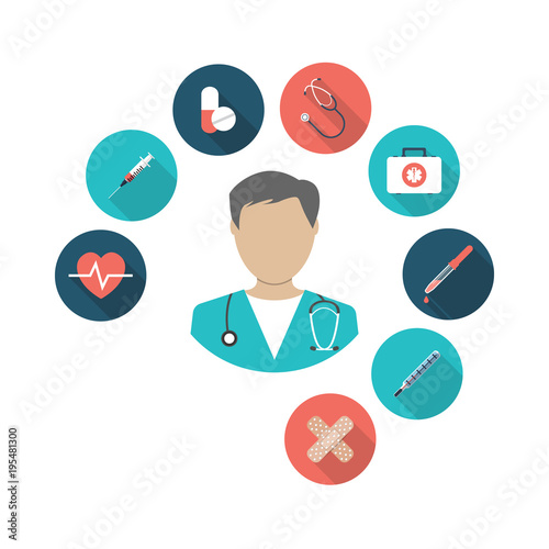 Icon doctor. Medical concept. IIllustration flat design style. Medicine background. Concept of health. Emergency doctor with medical equipment.