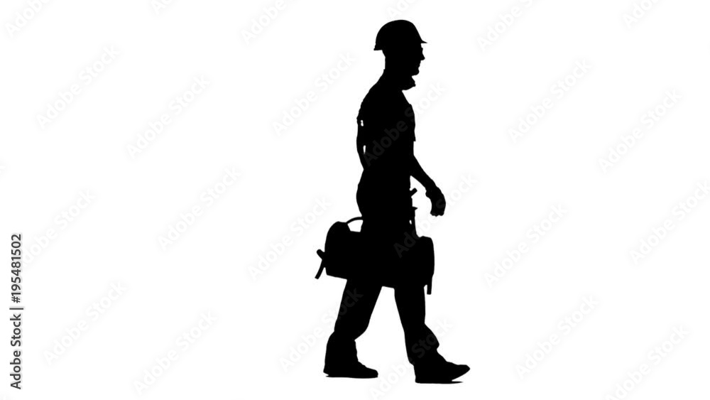 Working builder goes to work with a suitcase with tools. White background. Silhouette. Side view Working builder goes to work with a suitcase with tools. White background. Silhouette. Side view