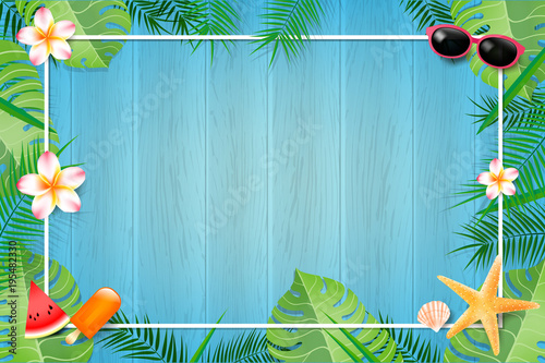 Abstract background blank blue wood with leaf and summer element