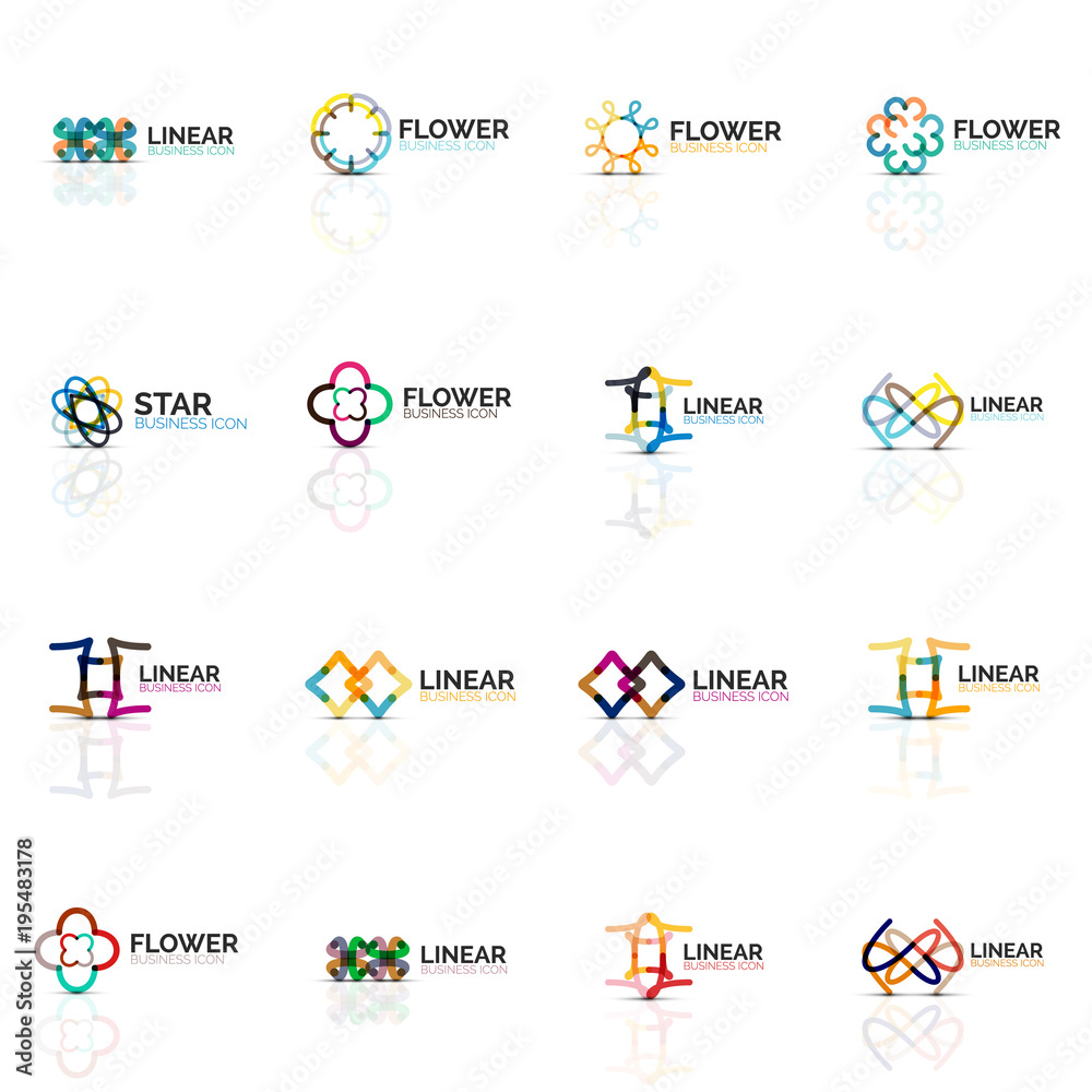 Set of abstract flower or star minimalistic linear icons, thin line geometric flat symbols for business icon design, abstract buttons or emblems