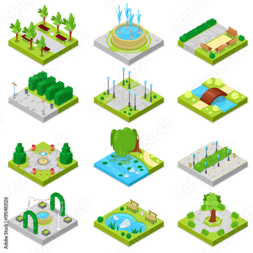 Park vector landscape of parkland with green garden trees and fountain or pond in city illustration set of isometric parkway in cityscape isolated on white background © partyvector