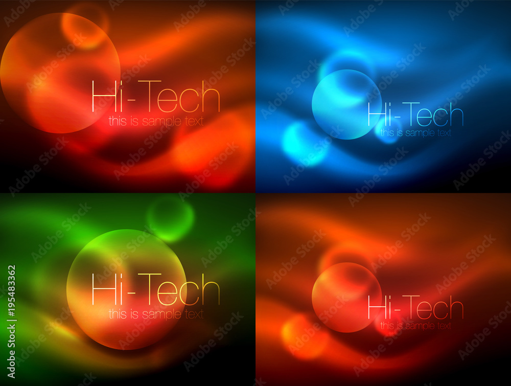 Set of blurred neon glowing circles, hi-tech modern bubble templates, techno glowing glass round shapes or spheres. Geometric abstract backgrounds Set of blurred neon glowing circles, hi-tech modern bubble templates, techno glowing glass round shapes or spheres. Geometric abstract backgrounds
