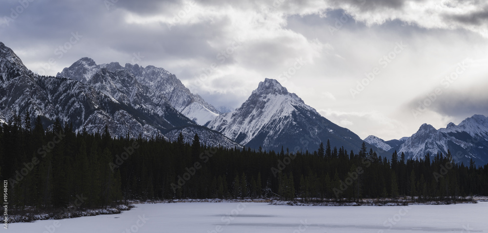 Panoramic winter landscape of the Canadian Rocky Mountains at the Lower Kananaskis Lake, Alberta, Canada Panoramic winter landscape of the Canadian Rocky Mountains at the Lower Kananaskis Lake, Alberta, Canada