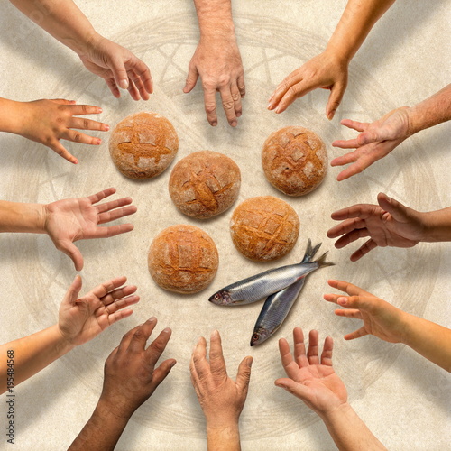 Canvas Print Five small barley loaves and two small fish for many