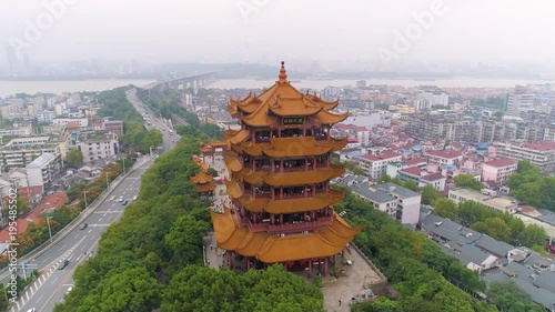 WUHAN, CHINA - MAY 2, 2017: day time wuhan cityscape yellow crane temple aerial panorama 4k china photo