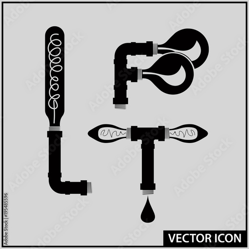 set of vector icons of interior objects in loft style, pipes and lamps