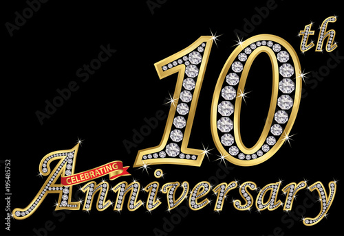 Celebrating  10th anniversary golden sign with diamonds, vector illustration