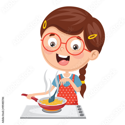 Vector Illustration Of Kid Cooking Meal