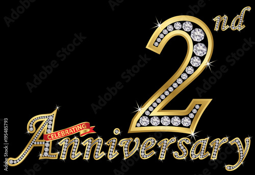 Celebrating 2nd anniversary golden sign with diamonds, vector illustration
