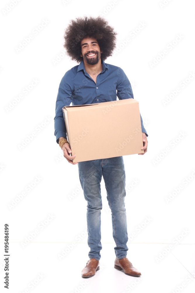 Afro man with a moving box Afro man with a moving box