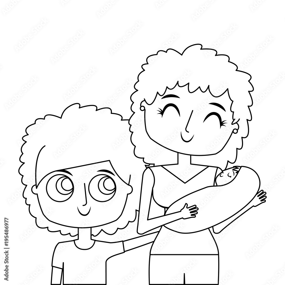 Fototapeta premium portrait mom carrying her baby and son vector illustration thin line