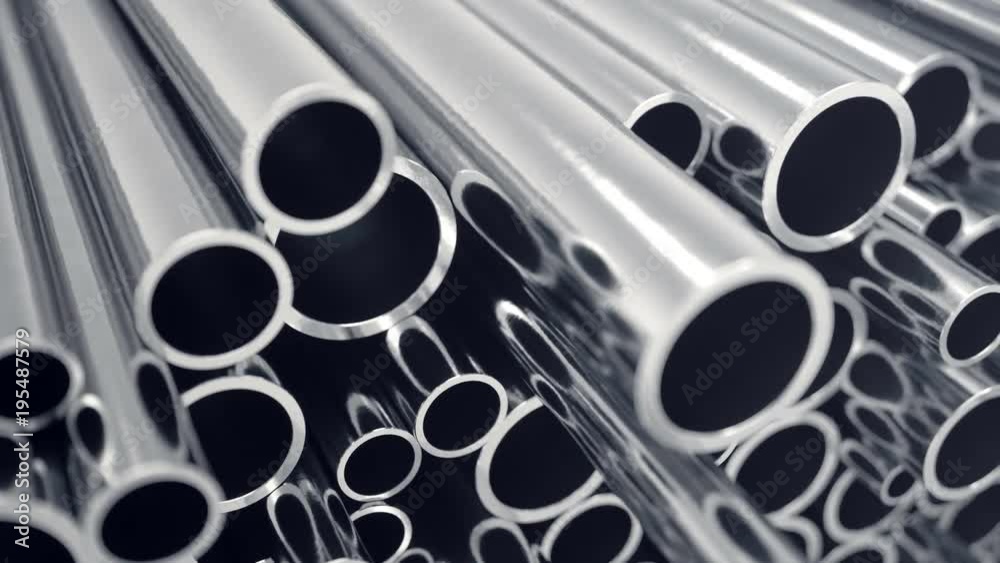 Industry business production and heavy metallurgical industrial products, many shiny steel pipes, industrial background, manufacturing business production concept with selective focus effect. 4k 3D Industry business production and heavy metallurgical industrial products, many shiny steel pipes, industrial background, manufacturing business production concept with selective focus effect. 4k 3D