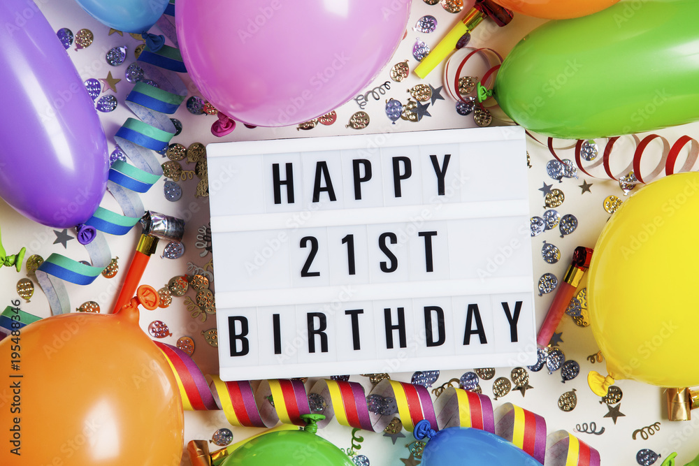Happy 21st birthday celebration message on a lightbox with balloons and  confetti foto de Stock | Adobe Stock