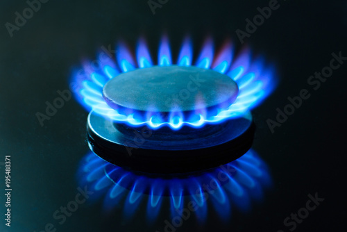 The gas is burning, the gas-stove burner, the hob in the kitchen, close-up. The concept of problems with natural gas, rising gas prices.