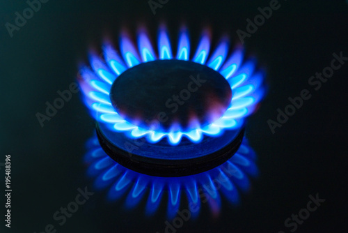 The gas is burning, the gas-stove burner, the hob in the kitchen, close-up. The concept of problems with natural gas, rising gas prices.