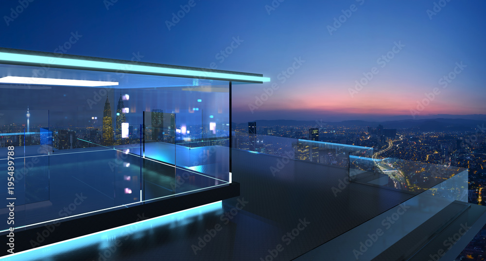 Fototapeta premium 3D rendering of a modern glass balcony with city skyline real photography background , early morning scene . Mixed media .