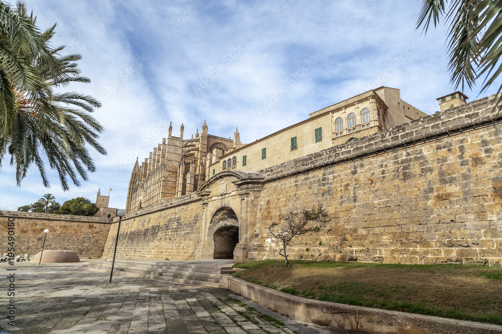 Walls and cathedral or La Seu, historic center of Palma, Balearic Islands.