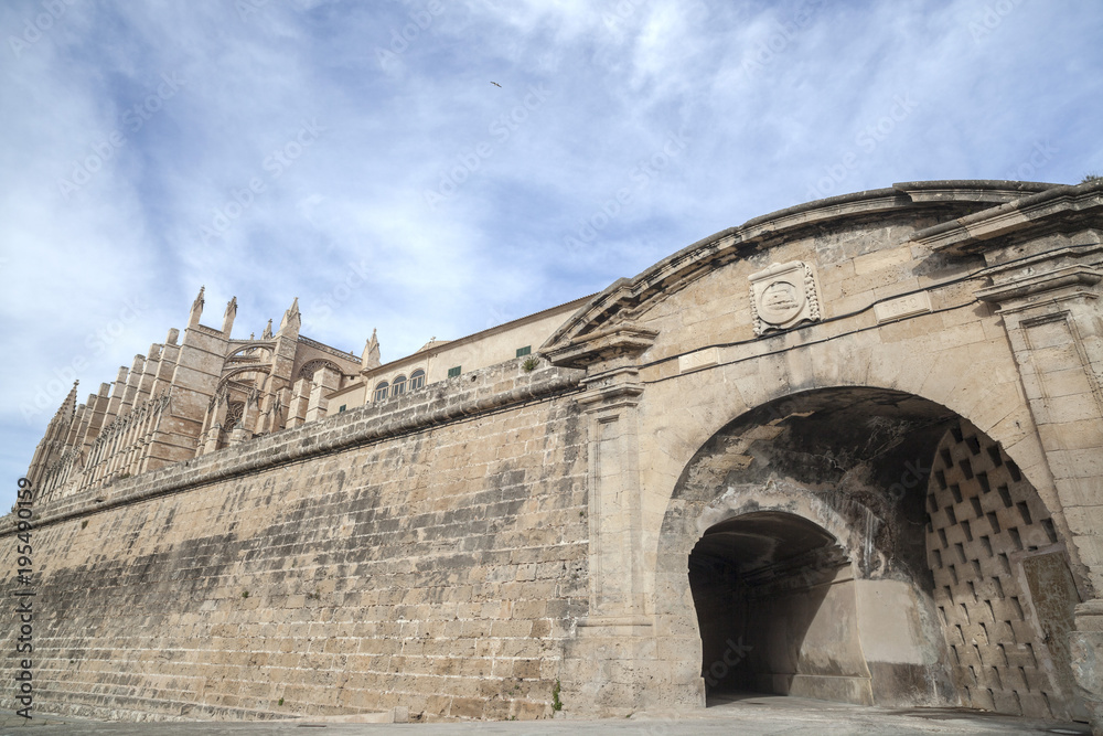  Walls and cathedral or La Seu, historic center of Palma, Balearic Islands.
