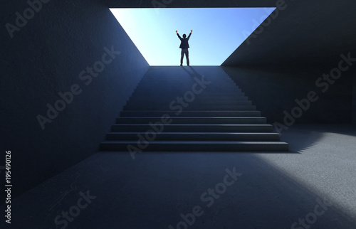 Success businessman cheering on concrete stair.