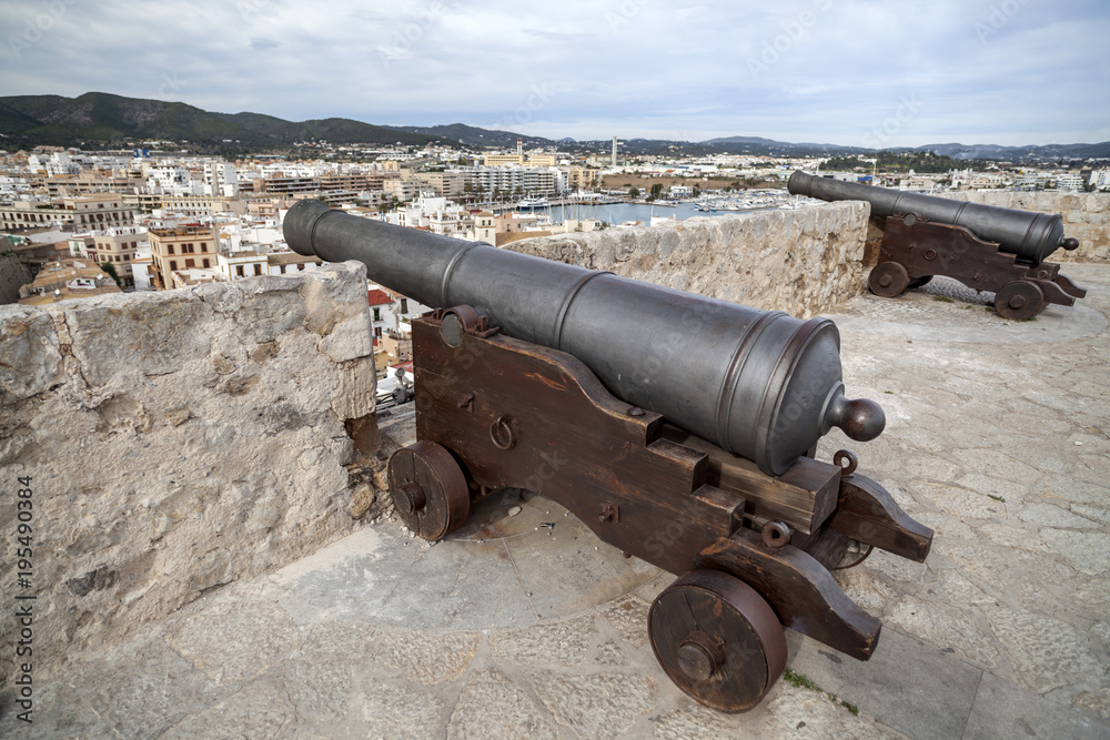 Historic center,Dalt Vila, old canons, walled enclosure of the old town of Ibiza, Balearic Islands.Spain. Historic center,Dalt Vila, old canons, walled enclosure of the old town of Ibiza, Balearic Islands.Spain.