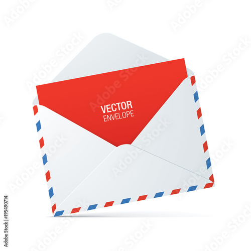 White, vintage style opened envelope with red and blue stroke and red letter, standing on a white surface. Vector envelope mockup.