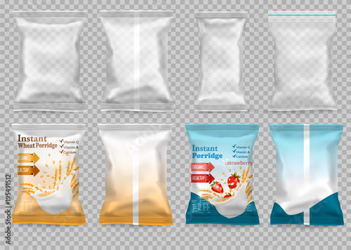 Polypropylene plastic packaging - instant porridge advert concept. Desing template. Vector illustration 