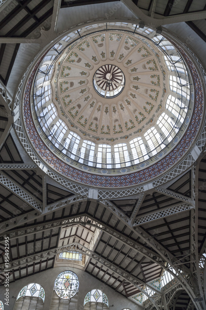 Architecture, interior ceiling of Mercat Central, central market, modernist style building in Valencia,Spain.