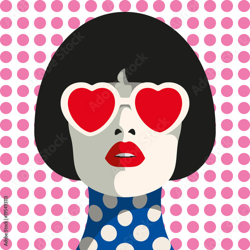 Stylish woman with heart glasses and bob haircut. Seamless geometric pattern. Dot pattern.