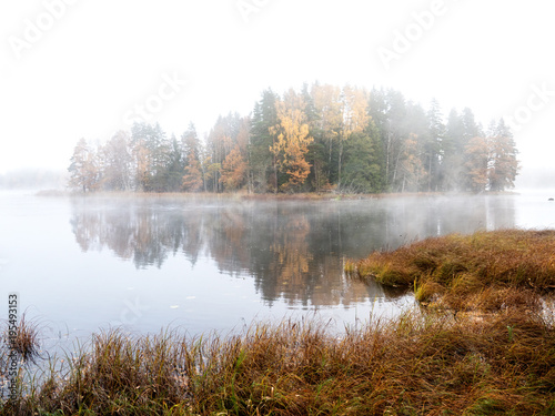 Misty autumn moning by lakeside
