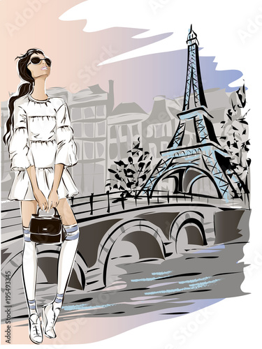Fashion woman near Eiffel tower in Paris, fashion banner with text template, online shopping social media ads with beautiful girl. Vector illustration