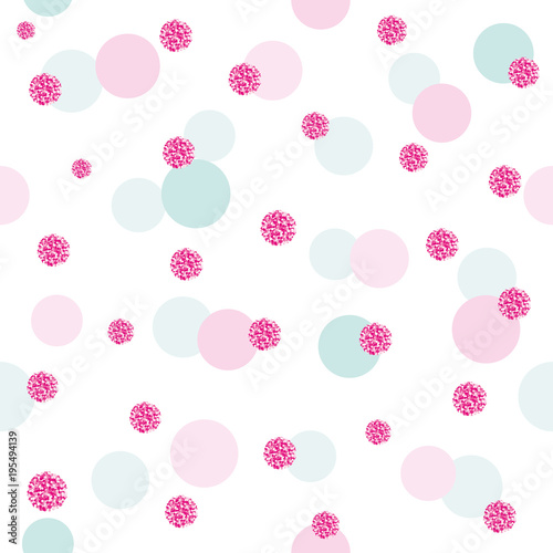 Glitter confetti polka dot seamless pattern background. Pink and pastel blue trendy colors. For birthday, valentine and scrapbook design.