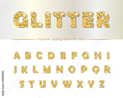 Golden glitter font isolated on white. Modern decorative alphabet for festive design. Girly.