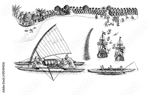Dutch ships of Abel Tasman meeting Polynesian canoes  off the coast of Tongatapu Fototapet