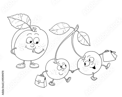 Funny fruits. Illustration for children. Coloring book. Coloring page.  Cartoon characters