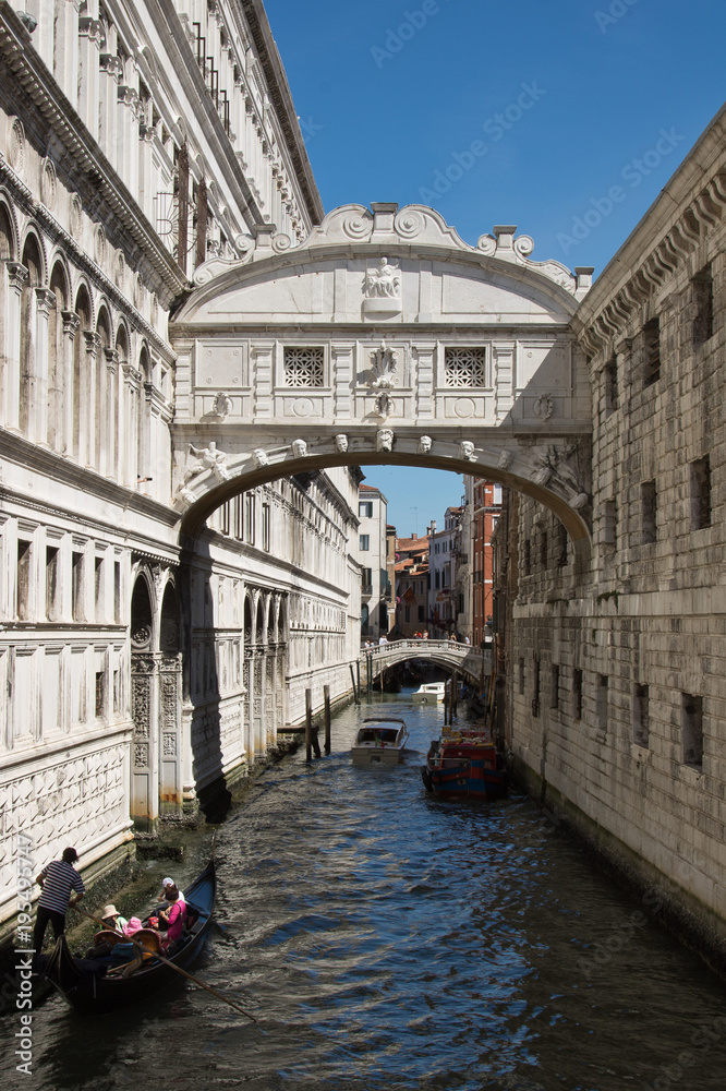 Venice, Bridge of sighs with gondola.
Characteristic little bridge that connect historical Ducal Palace with prison
