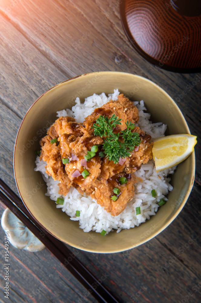 Japanese style crispy chicken with rice. Japanese style crispy chicken with rice.