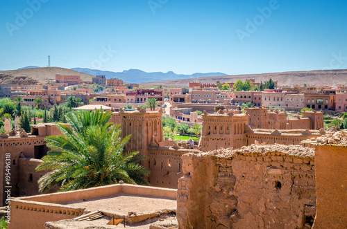 Aerial view on Kasbah Ait Ben Haddou and desert near Atlas Mountains, Morocco