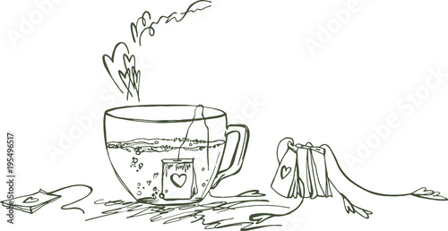 
Tea in a glass cup with hearts on tea bags. A sketch of a cup of tea with a romantic mood. Tea with Love.
