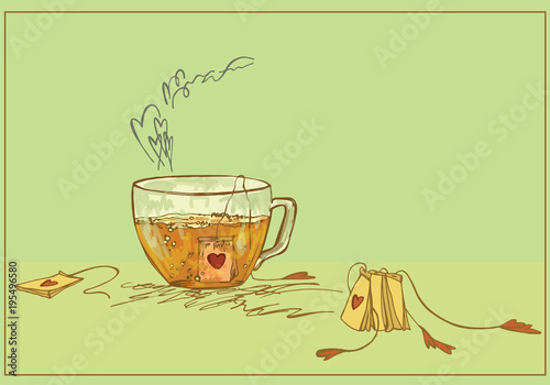 
Tea in a glass cup with hearts on tea bags. A sketch of a cup of tea with a romantic mood. Tea with Love.
