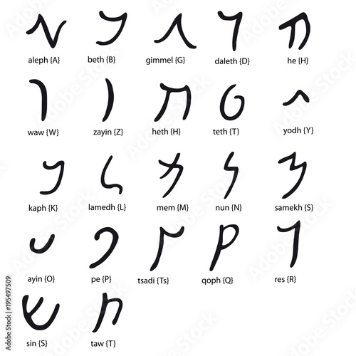 Hand drawn aramaic alphabet,  black isolated on white background. photo