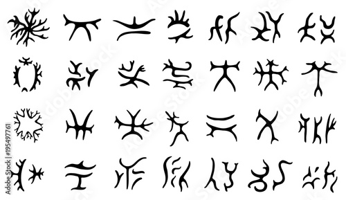 Set of hand drawn lichen glyphs , ancient magical symbols for divination.