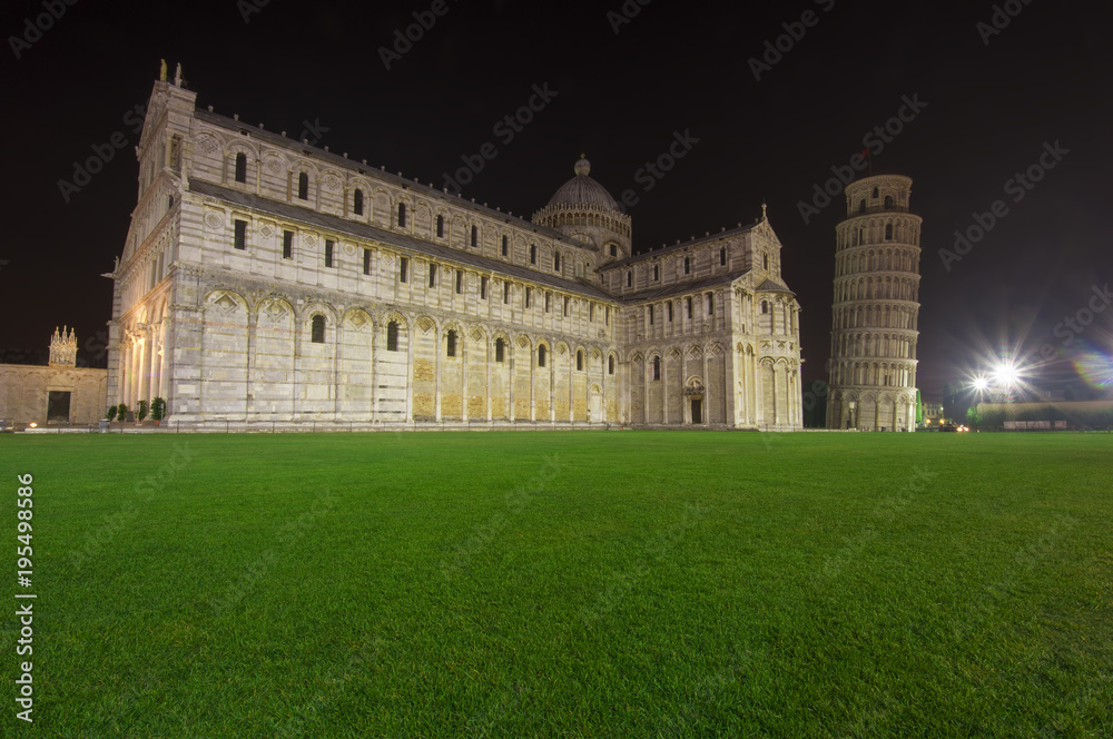the Leaning Tower of Pisa at night. Italy