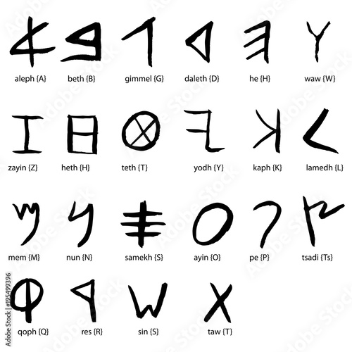 Hand drawn Phoenician alphabet,  black isolated on white background.
