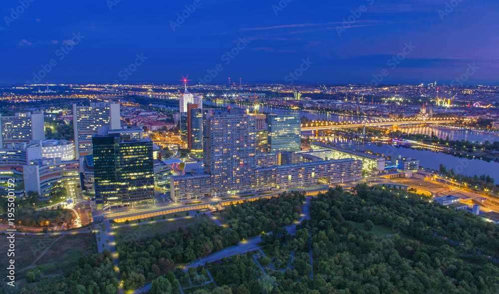 cityscape of Vienna city at night, aerial view. Austria