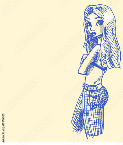 Vrouw met jeans illustratie met pen getekend diverse arceringen